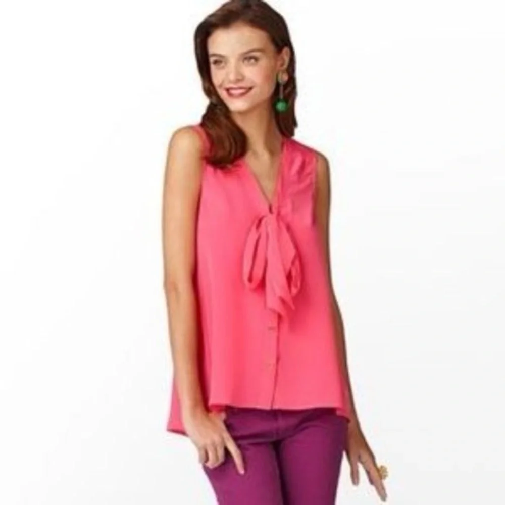 Lilly Pulitzer Raleigh Fuchsia Sleeveless Kitty Bow Blouse in Kissy Pink Small - Picture 2 of 16